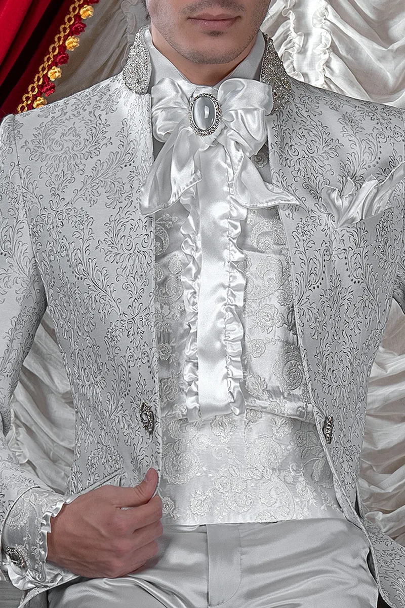Vestito sposo collo coreana con cristalli damascato grigio perla 2