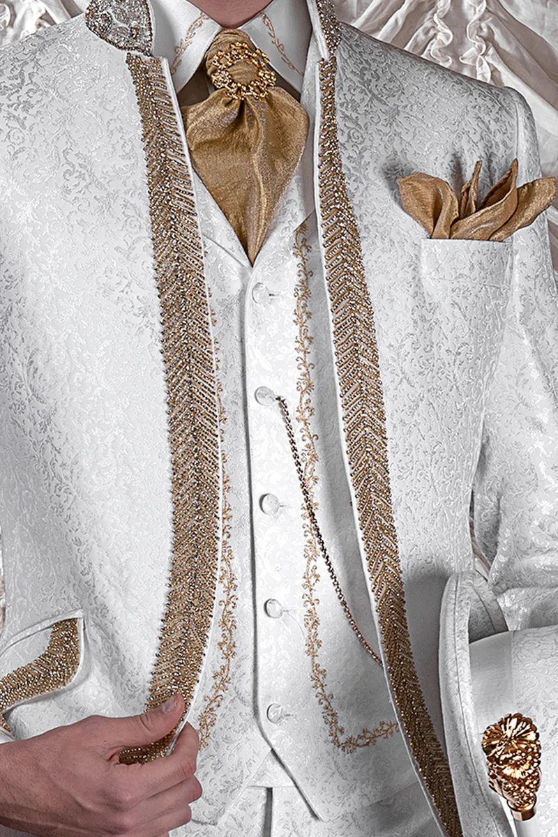 Vestito sposo con cilindro in stile barocco di lusso broccato bianco 2