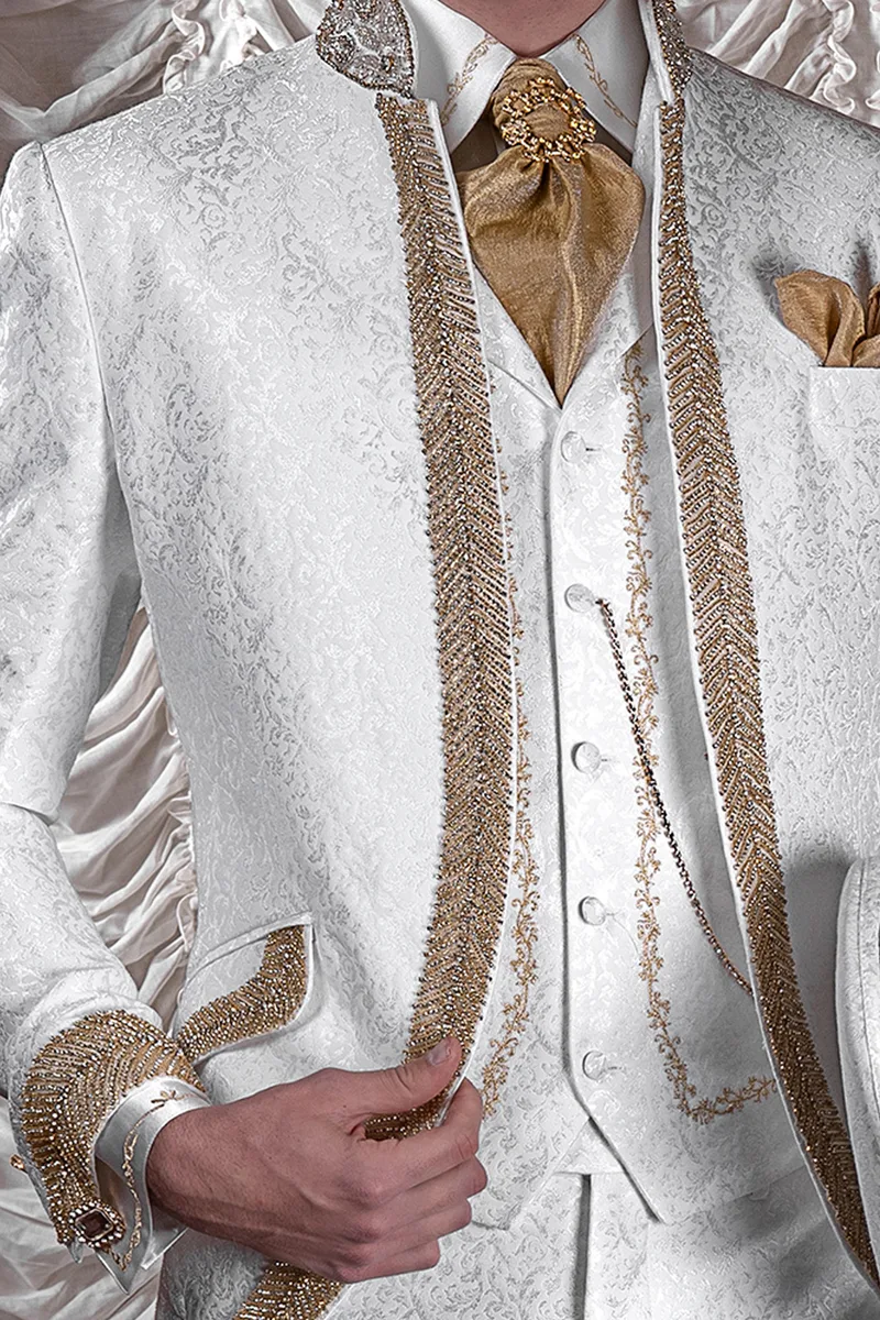 Vestito sposo con cilindro in stile barocco di lusso broccato bianco 3