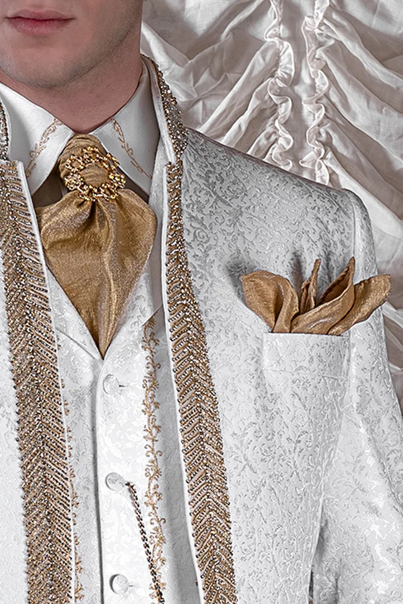 Vestito sposo con cilindro in stile barocco di lusso broccato bianco 4