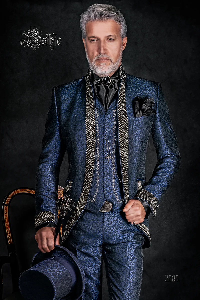Abito uomo stile gotico broccato blu con passamaneria strass 1