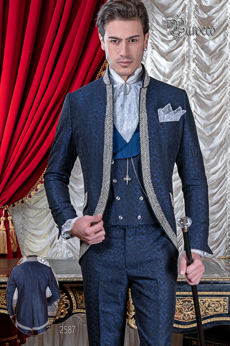 Vestito sposo blu damascato di lusso con passamanerie cristallo 1