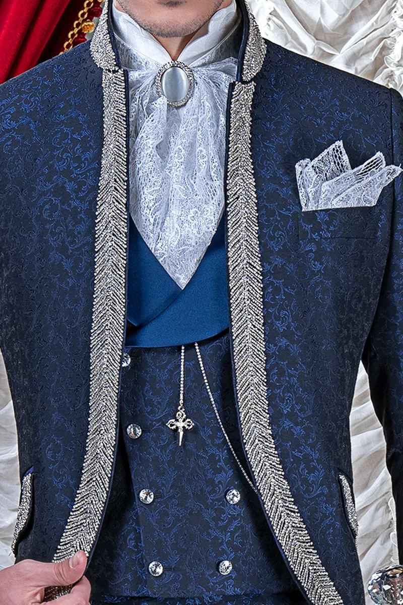 Vestito sposo blu damascato di lusso con passamanerie cristallo 2