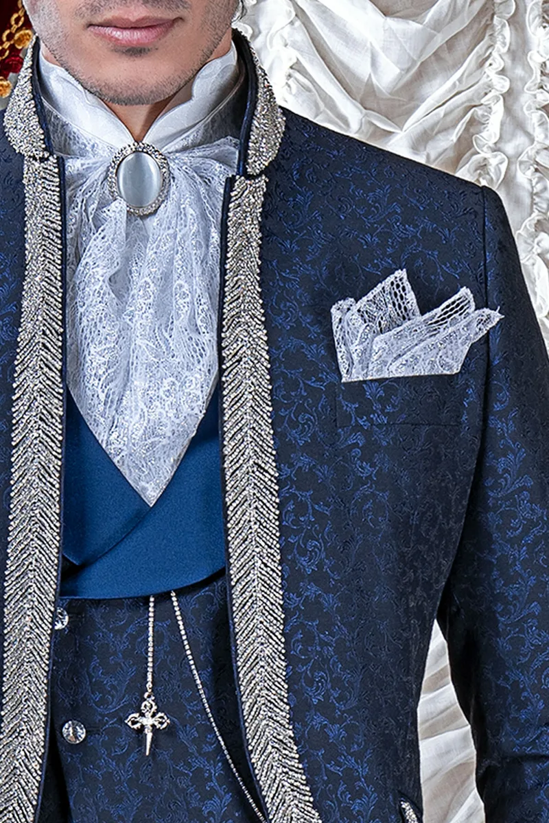 Vestito sposo blu damascato di lusso con passamanerie cristallo 3
