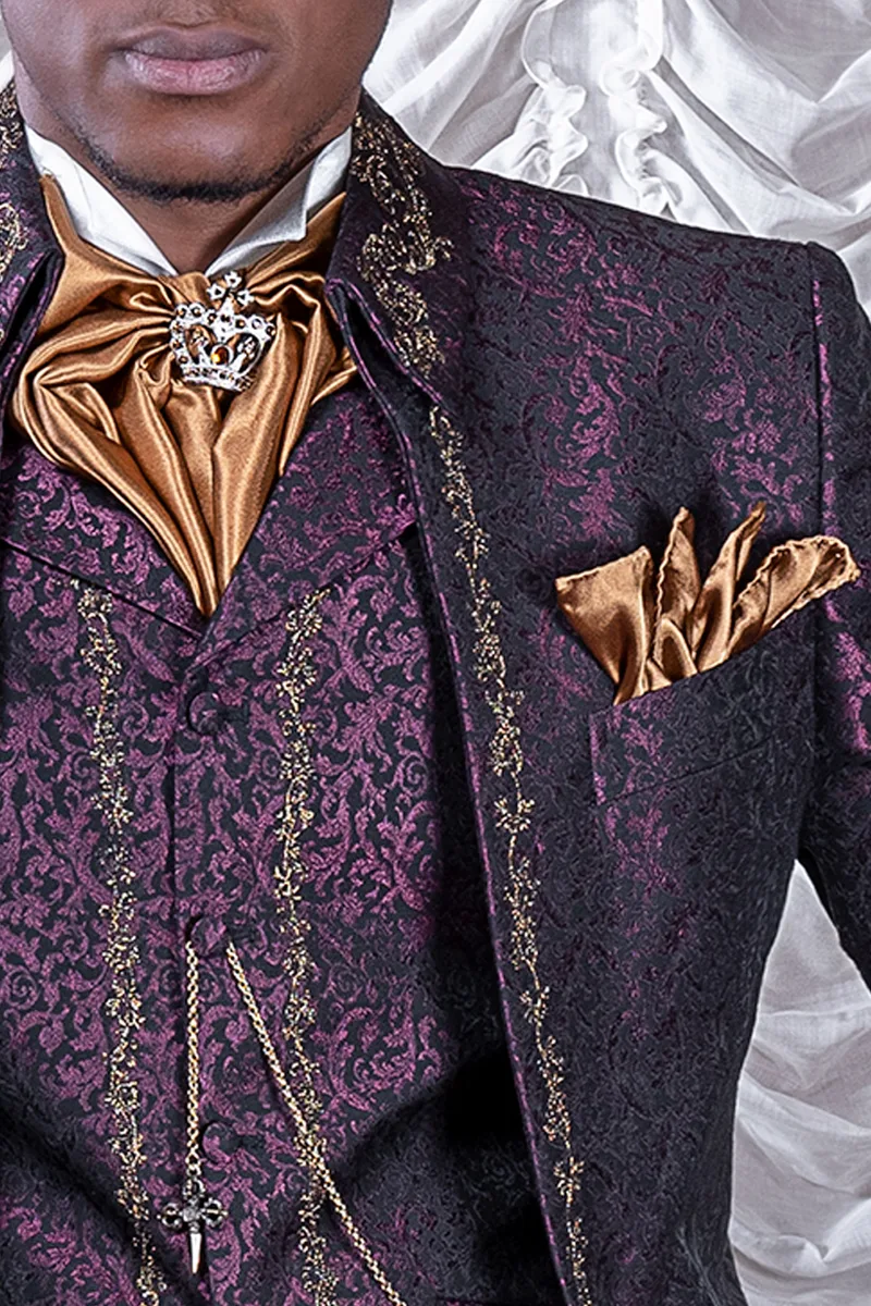 Abito da sposo con bastone, broccato viola con ricami oro 3