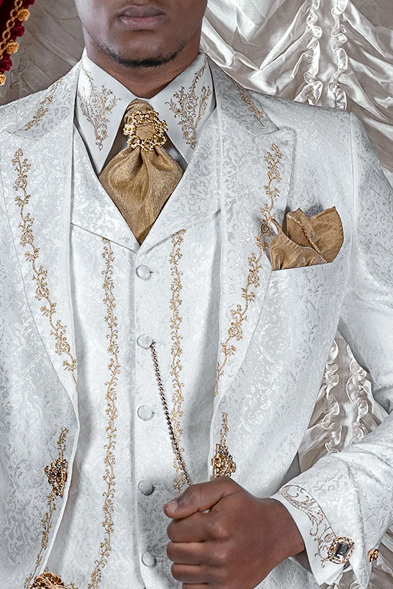 Abito sposo uomo ricamato di lusso broccato bianco ricami oro 3