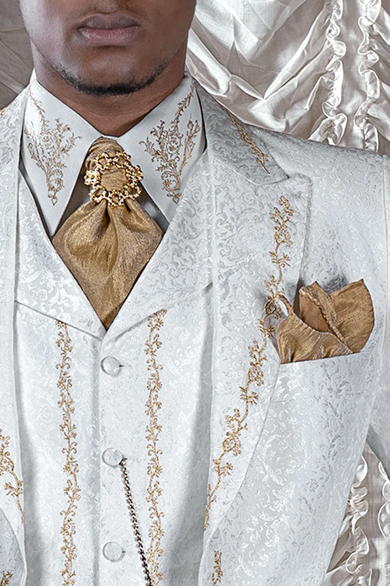 Abito sposo uomo ricamato di lusso broccato bianco ricami oro 4