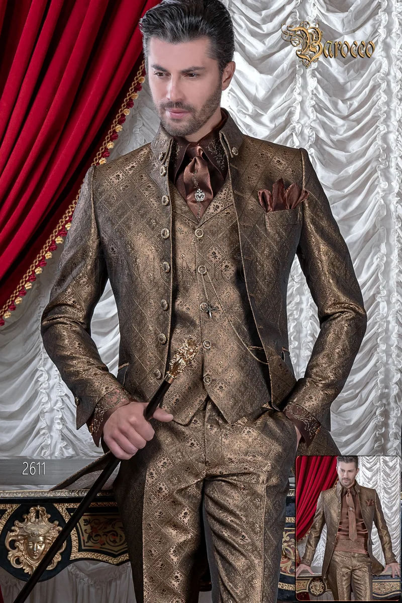 Abito da sposo redingote uomo di lusso stile barocco grigio e oro 1