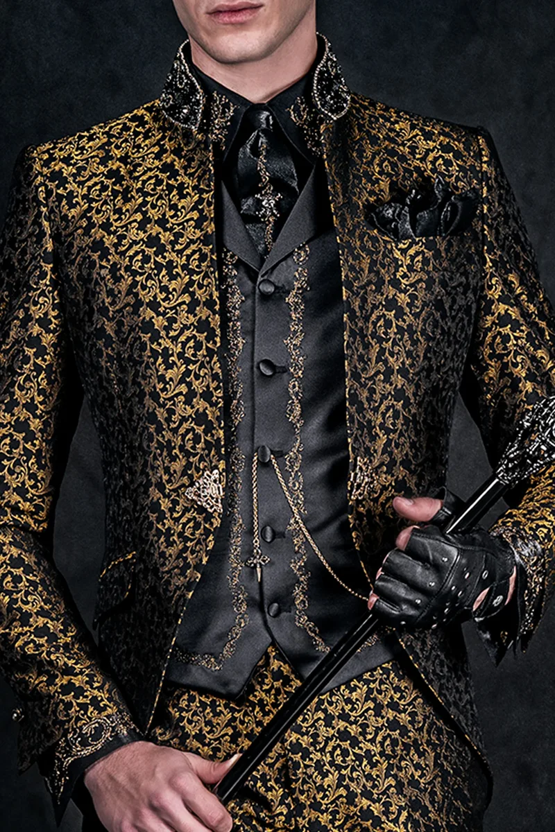 Vestito cerimonia uomo stile gotico coreano broccato nero oro 3