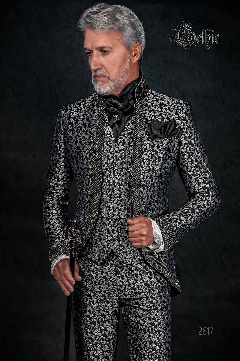 Abito uomo broccato nero argento con cristalli, moda sposo gotica 1
