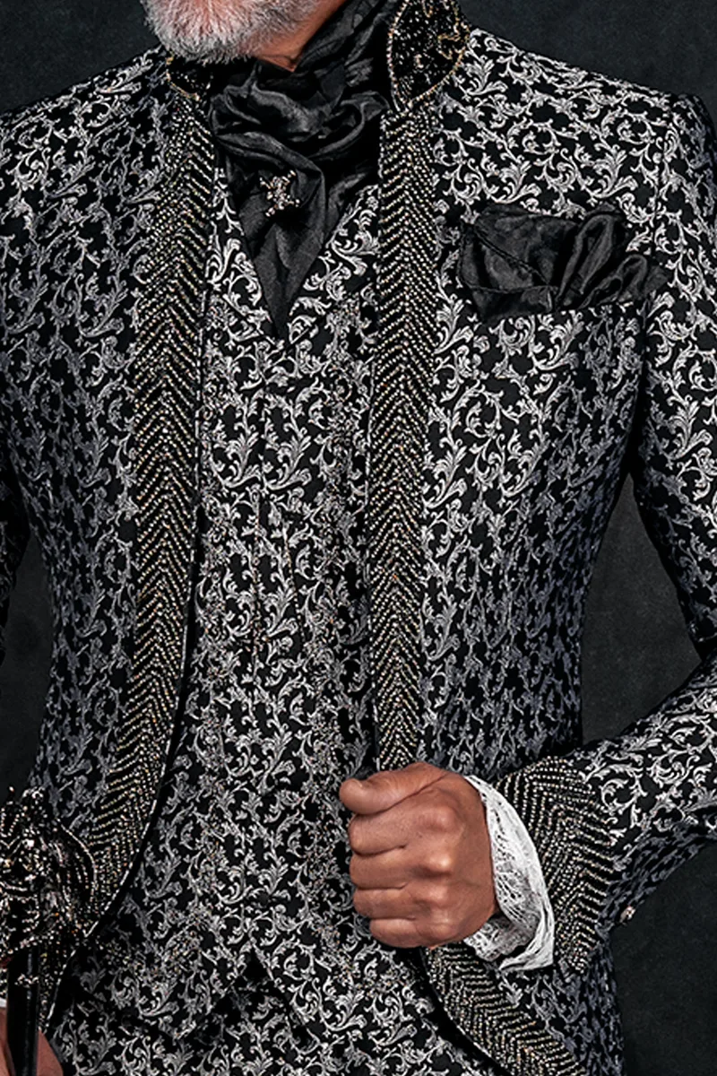 Abito uomo broccato nero argento con cristalli, moda sposo gotica 2