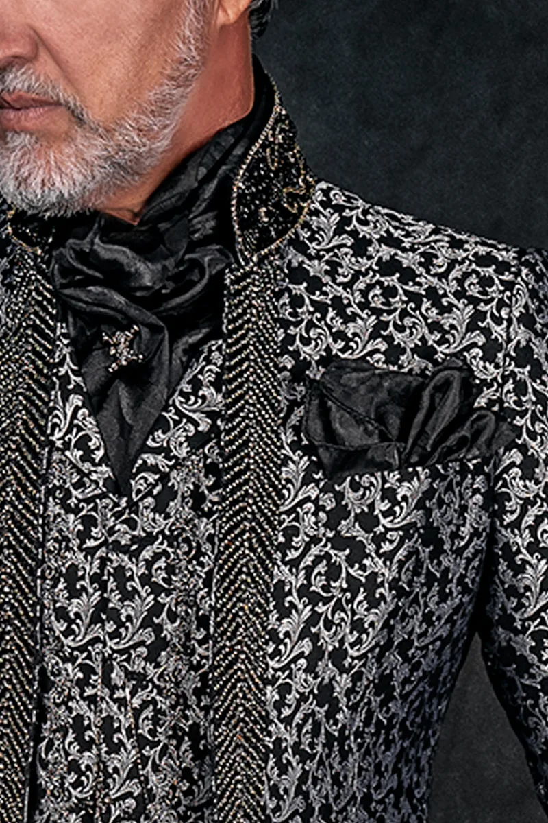 Abito uomo broccato nero argento con cristalli, moda sposo gotica 3
