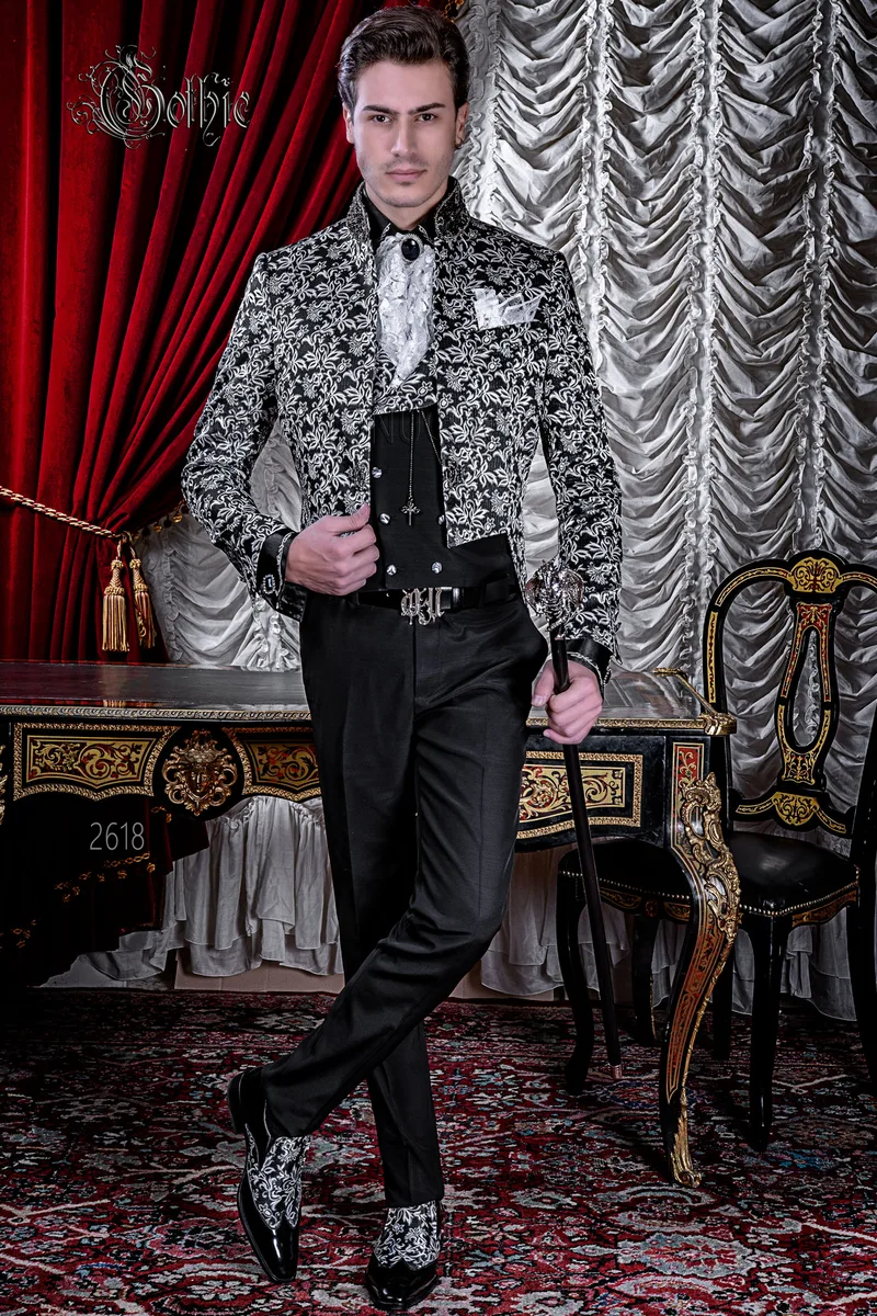 Frac uomo coreana gotico broccato nero argento, matrimonio steampunk 1