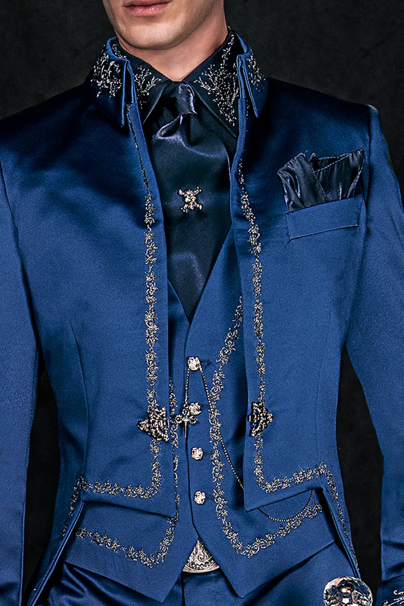Frac sposo uomo ispirazione gotica raso blu con ricamo argento 2