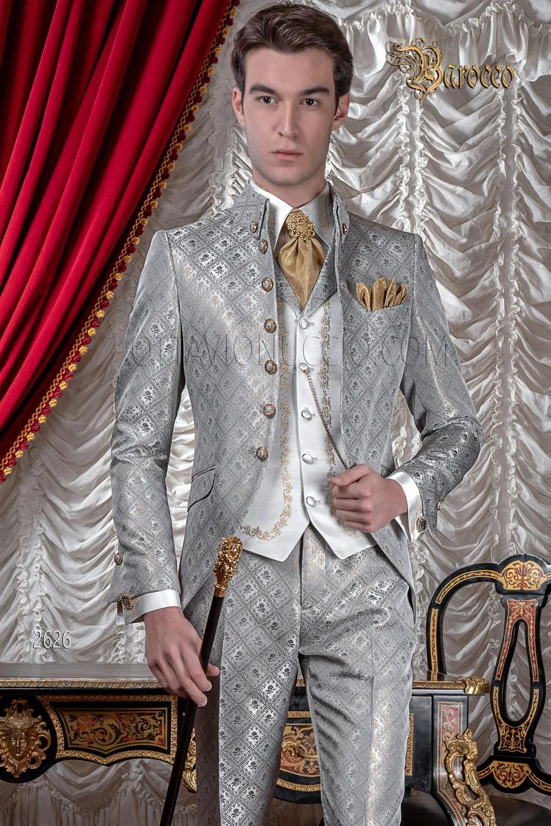 Abito sposo uomo di lusso stile barocco, damascato grigio oro 1