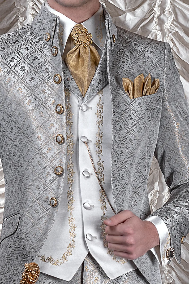 Abito sposo uomo di lusso stile barocco, damascato grigio oro 2