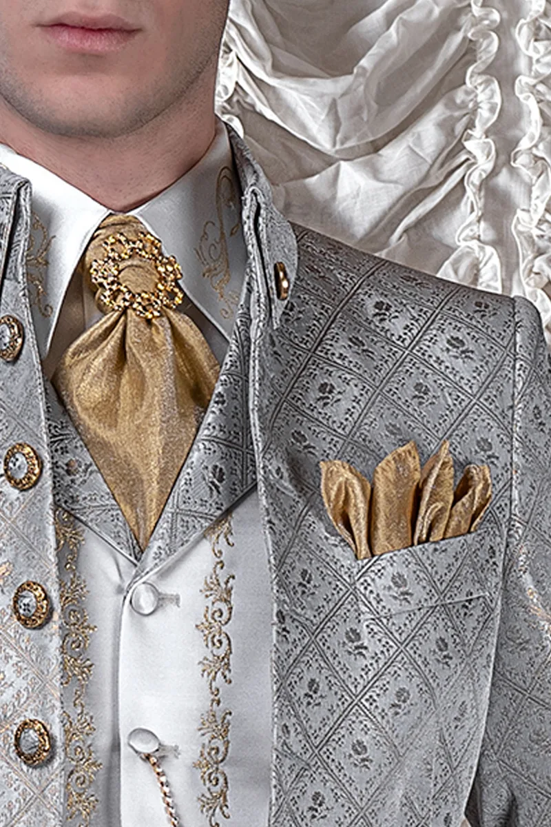 Abito sposo uomo di lusso stile barocco, damascato grigio oro 3