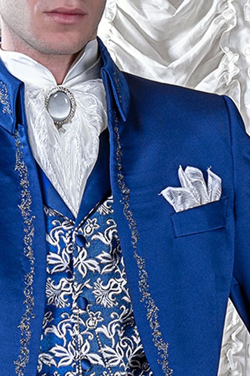 Abito sposo giacca lunga redingote barocco in raso blu ricami argento 3