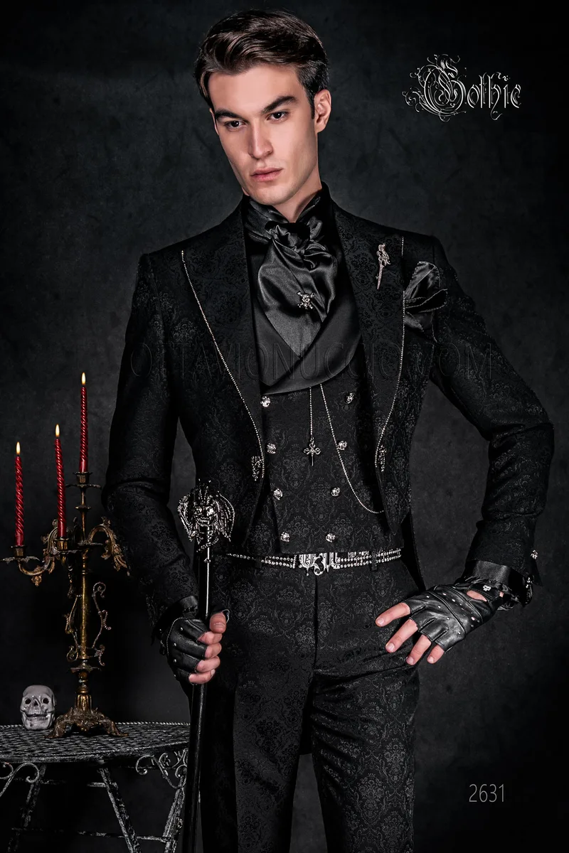 Frac uomo Steampunk gotico broccato nero con strass profilo rever 1