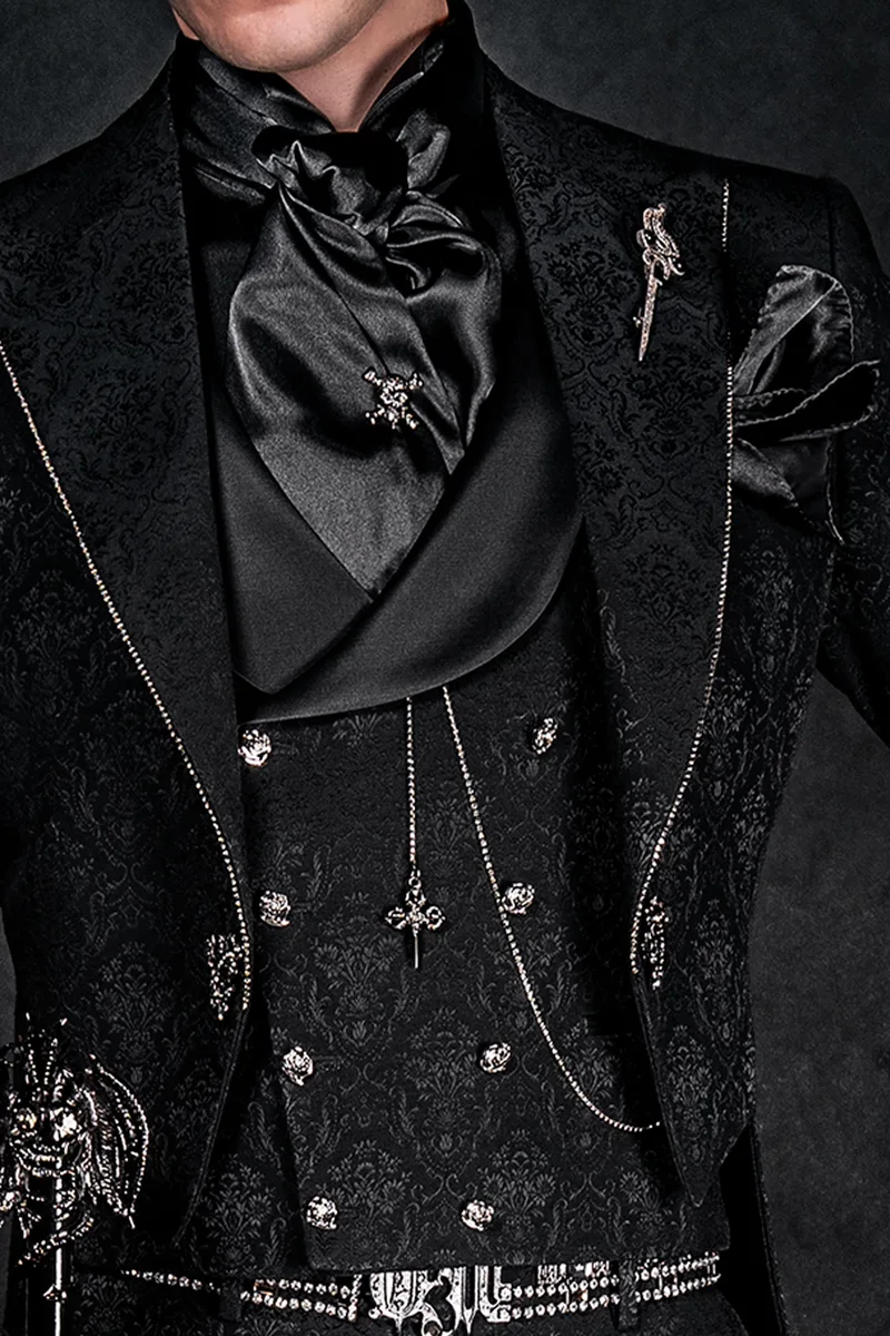 Frac uomo Steampunk gotico broccato nero con strass profilo rever 2