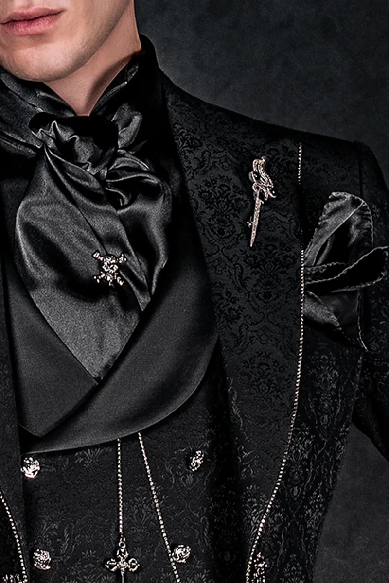 Frac uomo Steampunk gotico broccato nero con strass profilo rever 3