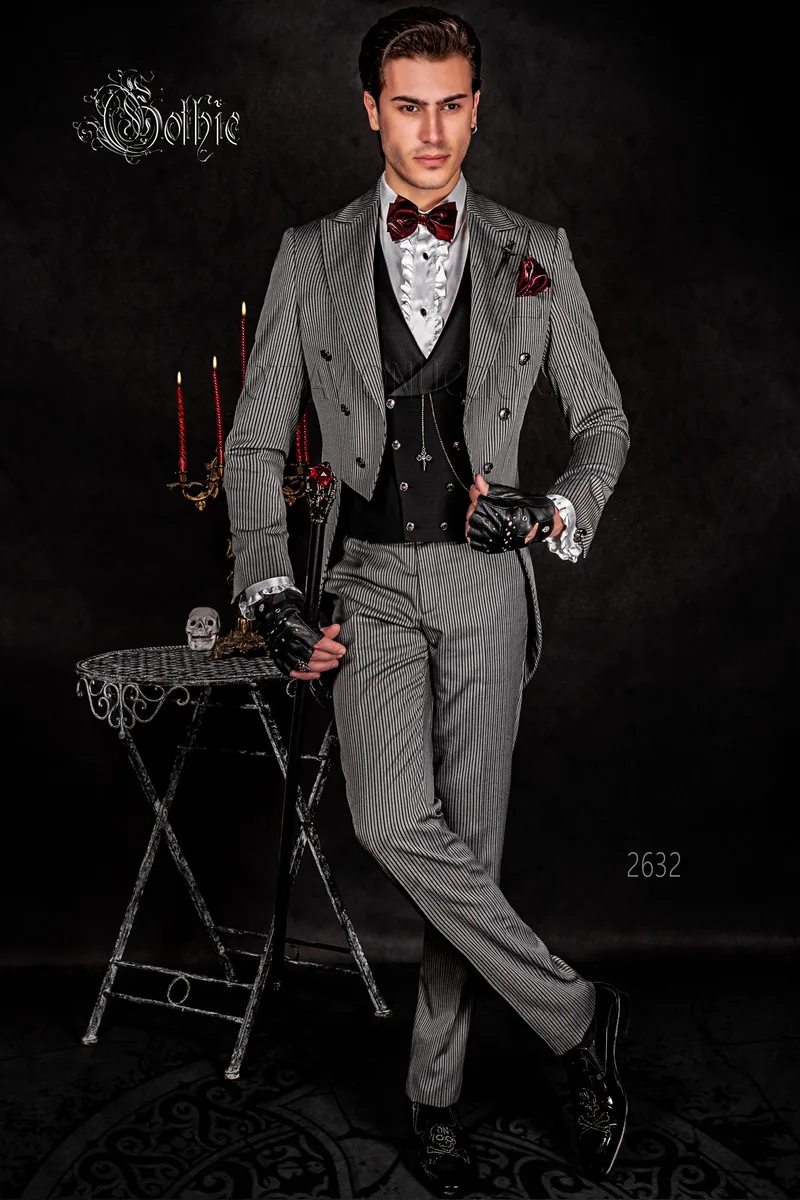 Frac moderno Steampunk gotico gessato nero grigio bottoni teschio 1