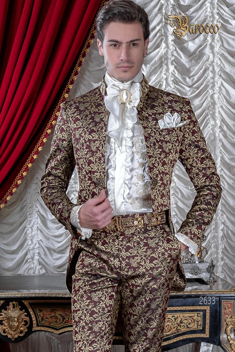 Frac alta moda barocca sposo broccato bordeaux oro, collo coreana 1