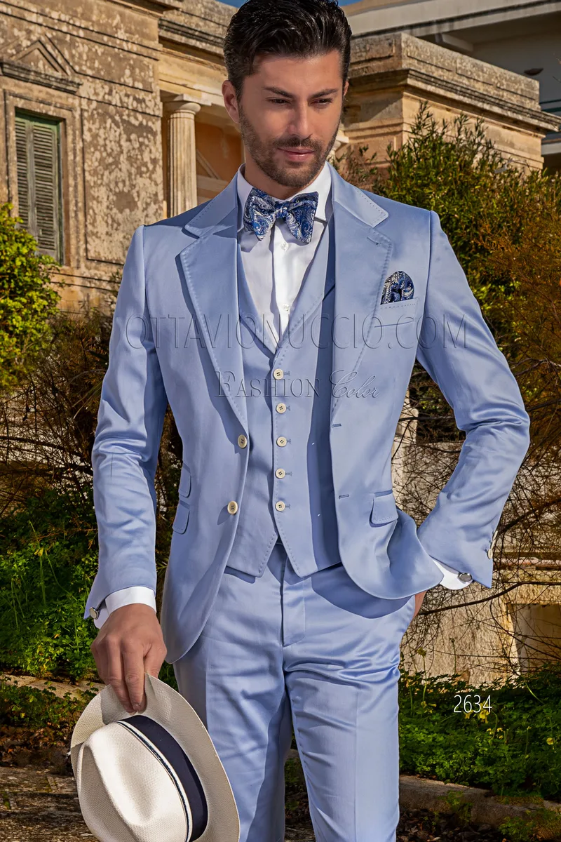 Vestito da matrimonio estivo uomo in raso di cotone celeste 1