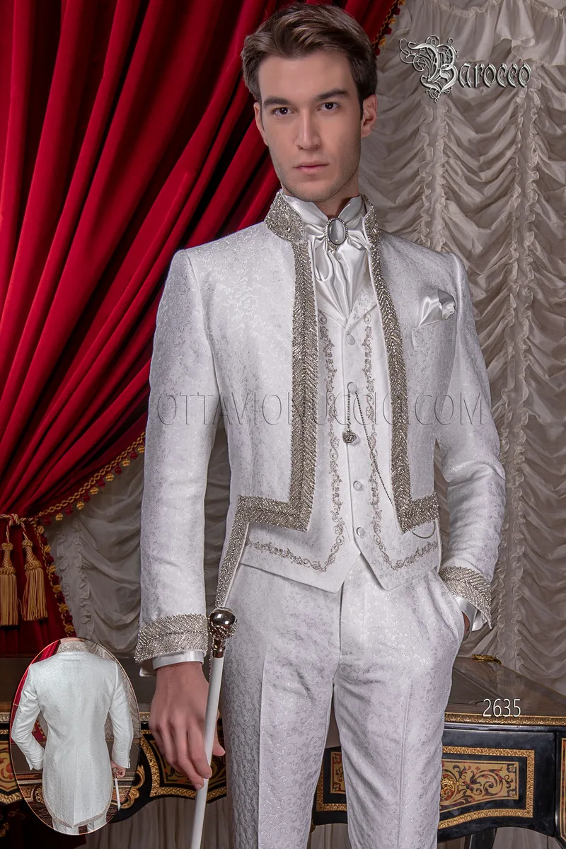 Frac alta moda sposo barocco damascato bianco con strass cristallo 1