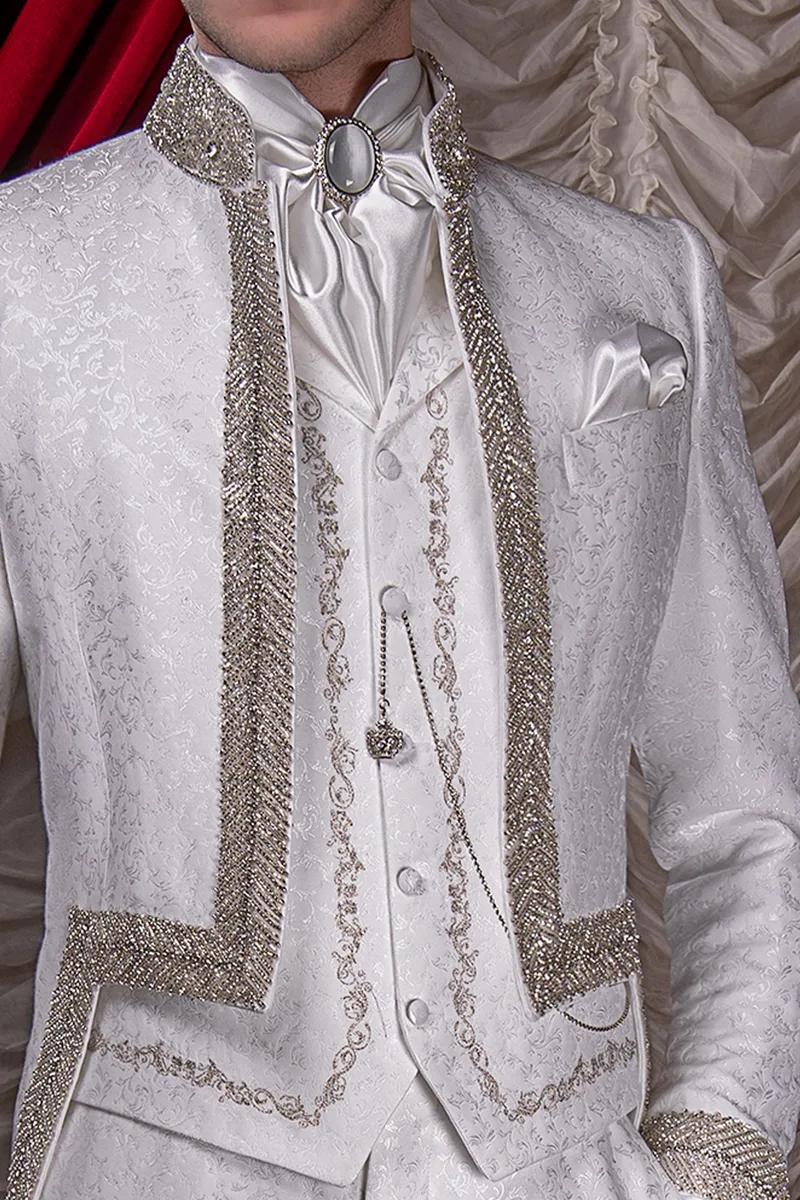 Frac alta moda sposo barocco damascato bianco con strass cristallo 2