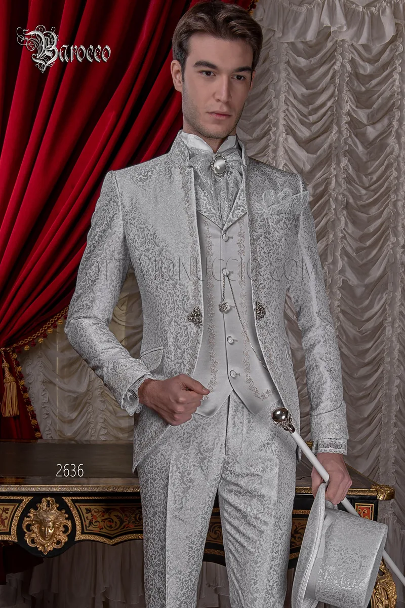 Vestito da sposo ricamato, lusso barocco damascato grigio perla 1
