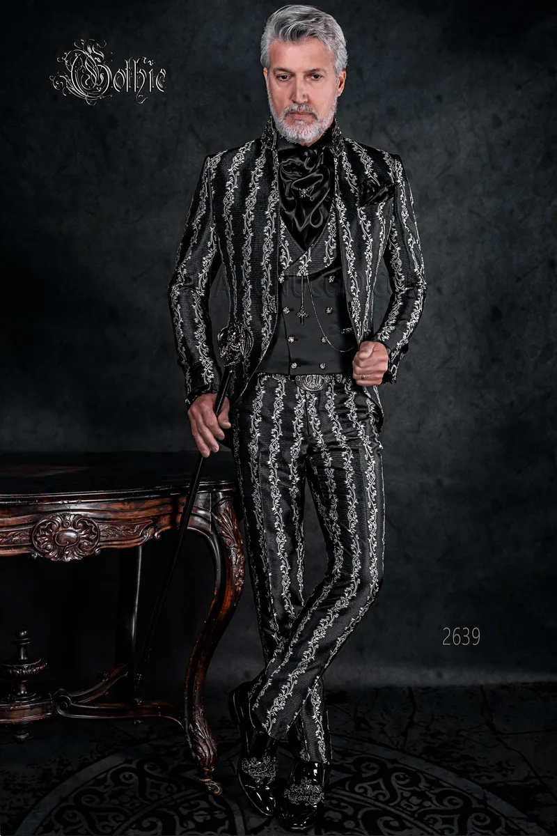 Abito coreano uomo moda sposo gotica broccato nero argento 1