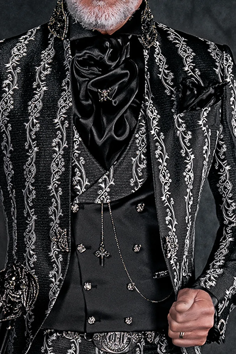 Abito coreano uomo moda sposo gotica broccato nero argento 2