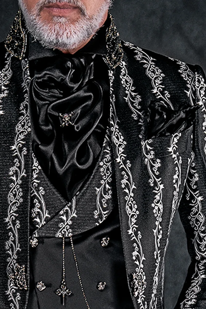 Abito coreano uomo moda sposo gotica broccato nero argento 3