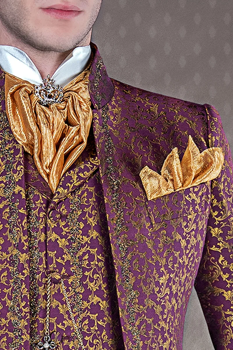 Vestito coreano sposo ricamato barocco su broccato bordeaux oro 3