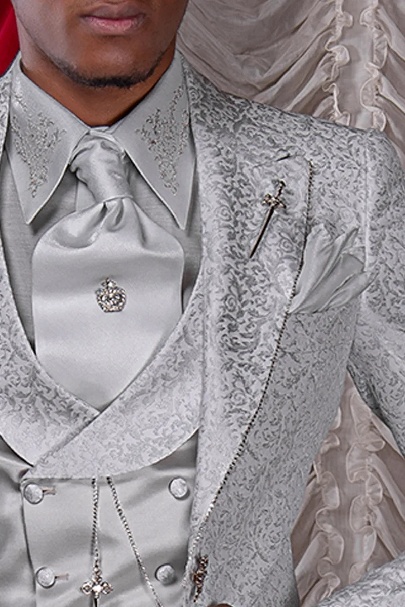 Abito sposo uomo moda barocco damascato grigio perla con bastone 4