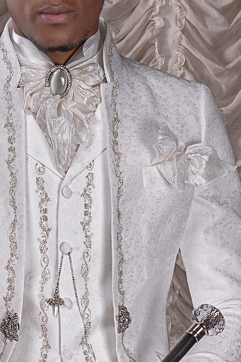 Abito sposo moda barocco coreana damascata bianca ricamata oro 3