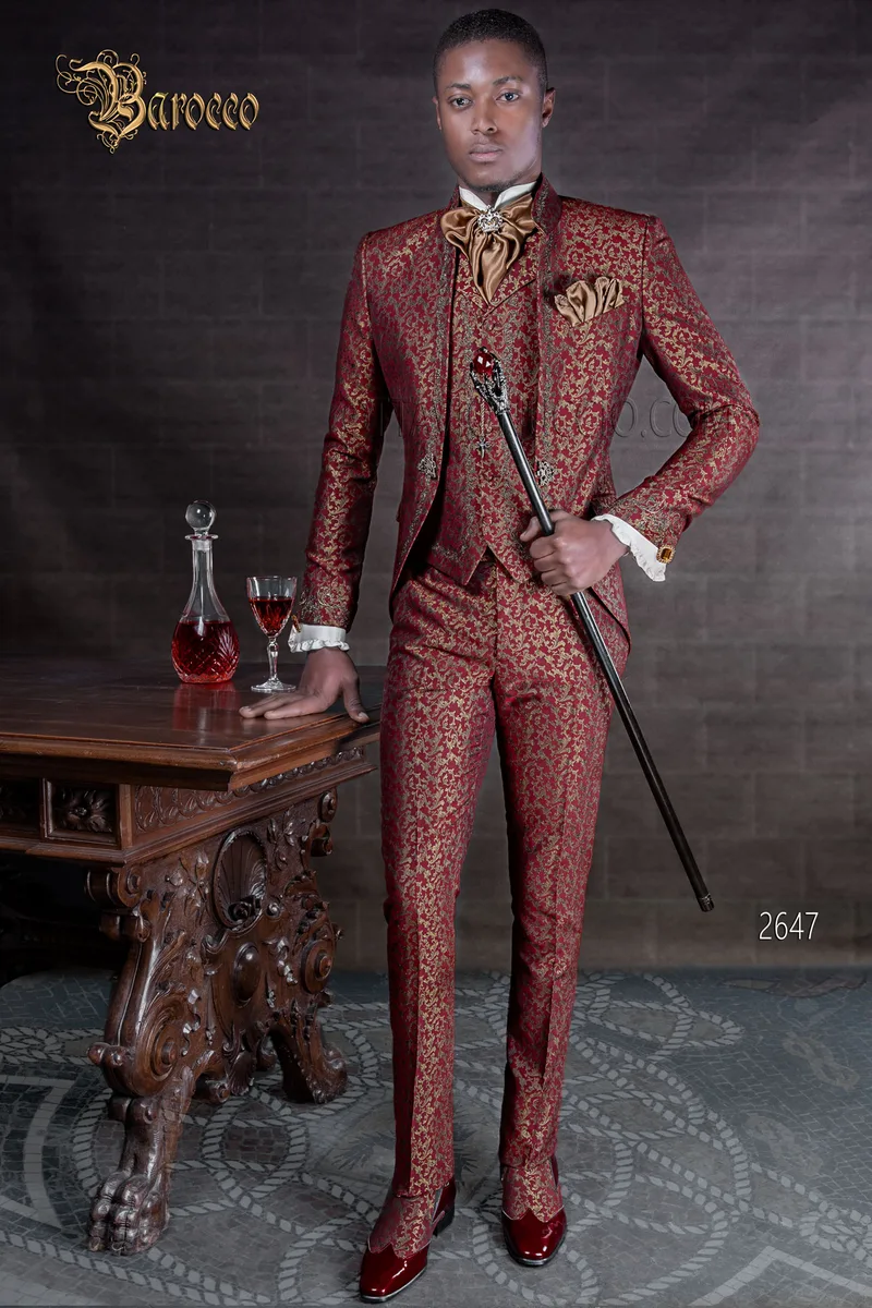 Abito sposo uomo vintage coreana broccata rosso oro ricamata nero oro 1