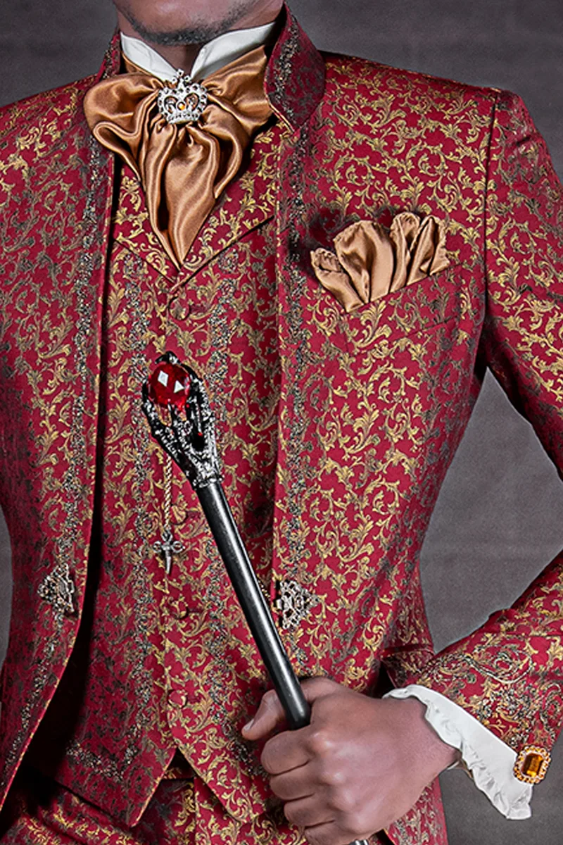 Abito sposo uomo vintage coreana broccata rosso oro ricamata nero oro 2