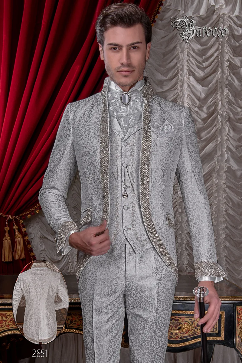Abito da sposo di lusso broccato grigio perla con cristalli di strass 1