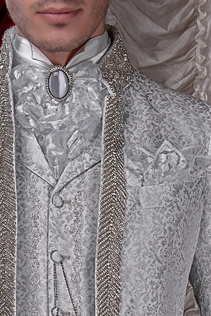 Abito da sposo di lusso broccato grigio perla con cristalli di strass 3
