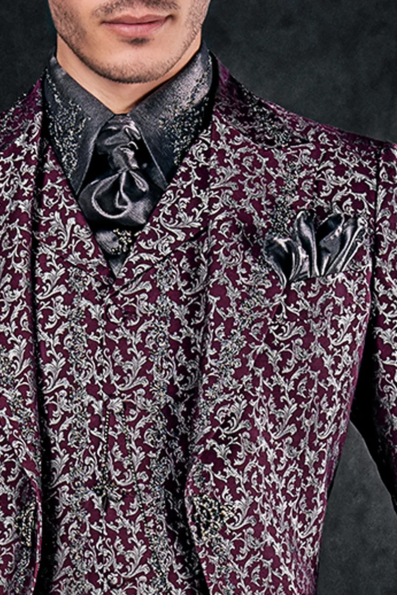 Abito uomo coreano stile gotico prugna argento con passamaneria 3