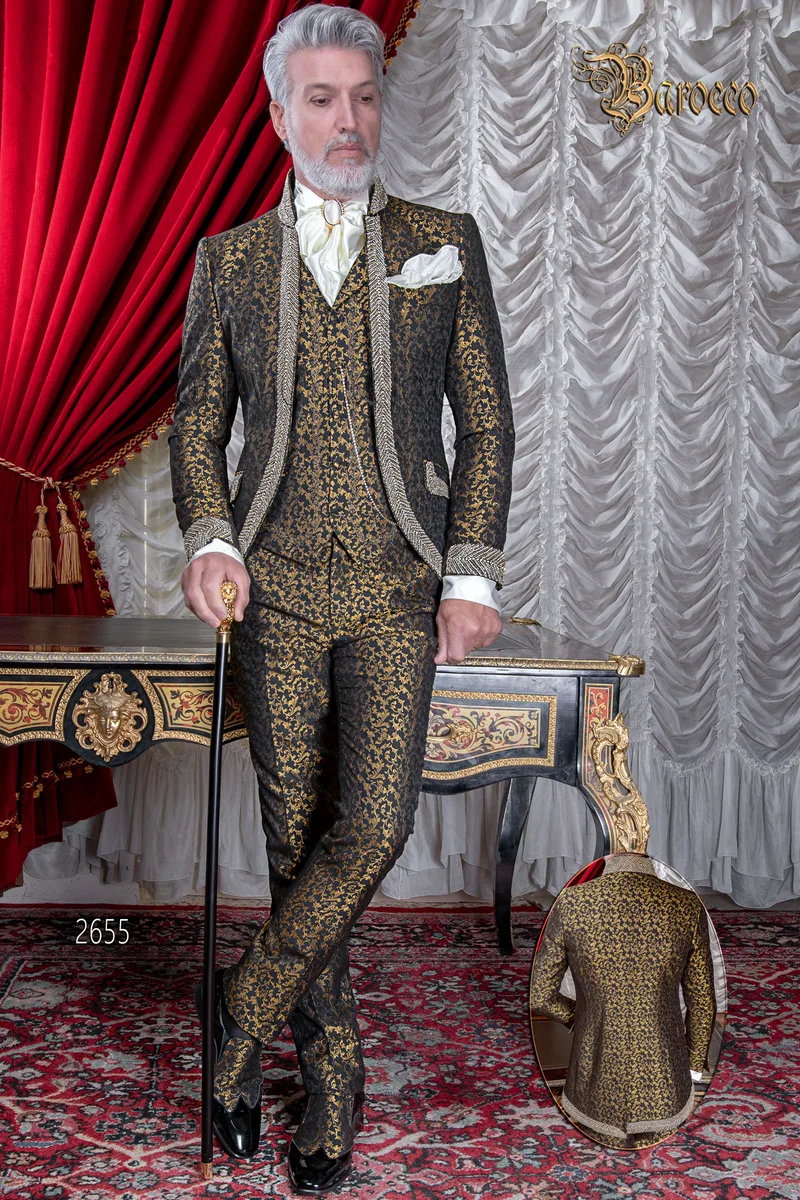 Vestito da sposo di lusso vintage broccato nero e oro con cristalli 1