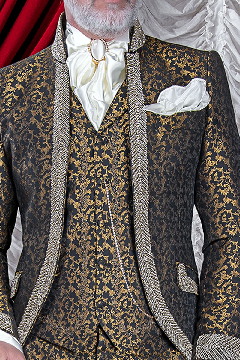 Vestito da sposo di lusso vintage broccato nero e oro con cristalli 2