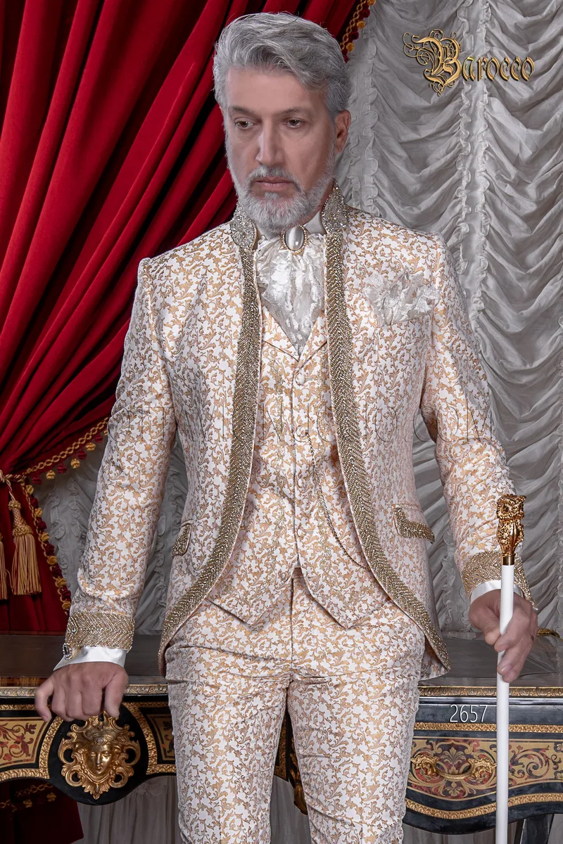 Abito uomo matrimonio di lusso damascato oro con strass di cristallo 1
