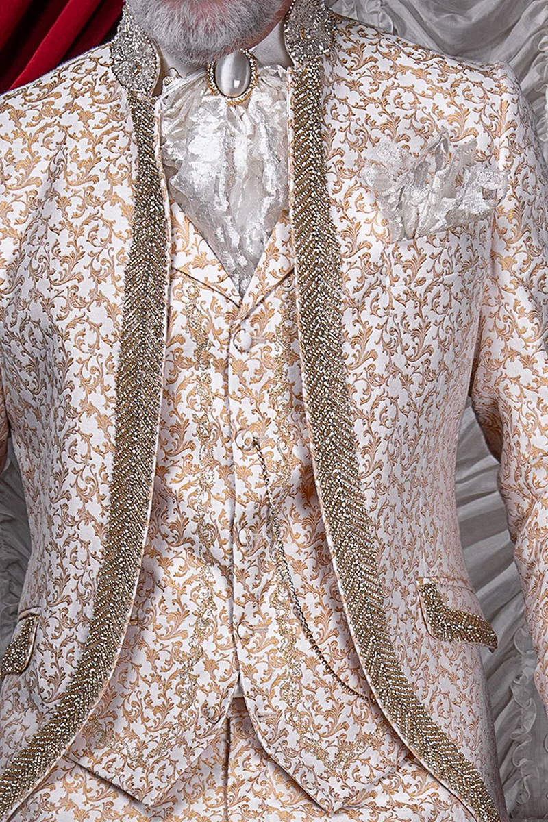 Abito uomo matrimonio di lusso damascato oro con strass di cristallo 2