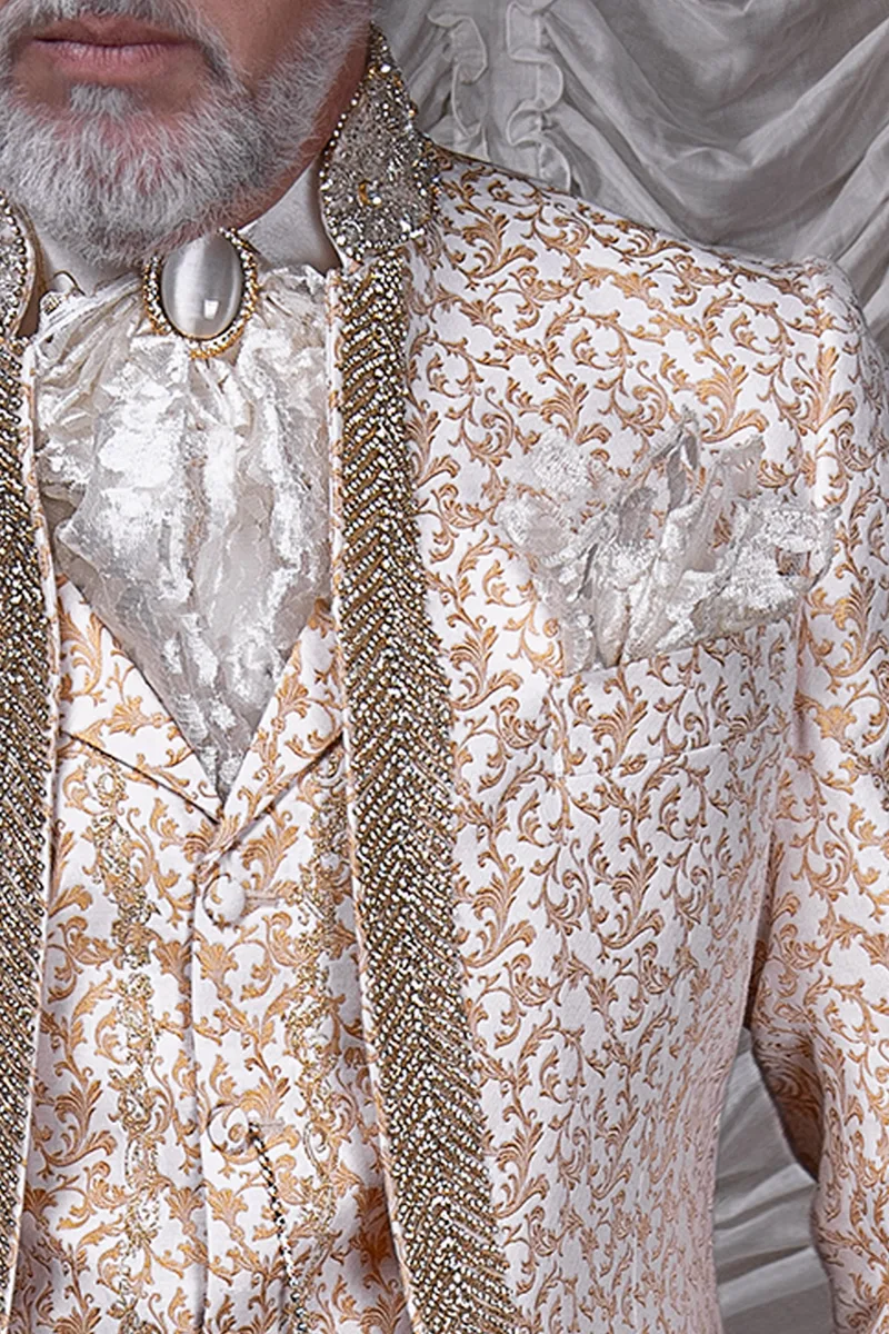 Abito uomo matrimonio di lusso damascato oro con strass di cristallo 3