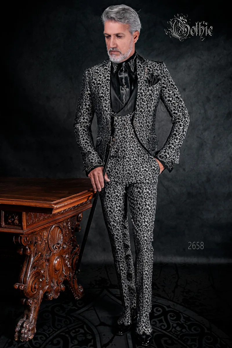 Vestito sposo uomo per matrimonio gotico broccato nero argento 1