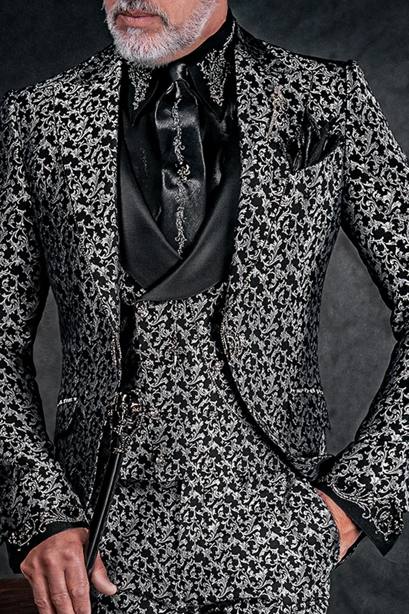 Vestito sposo uomo per matrimonio gotico broccato nero argento 3