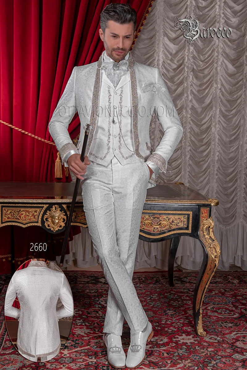 Abito uomo matrimonio di lusso damascato bianco e strass di cristallo 1